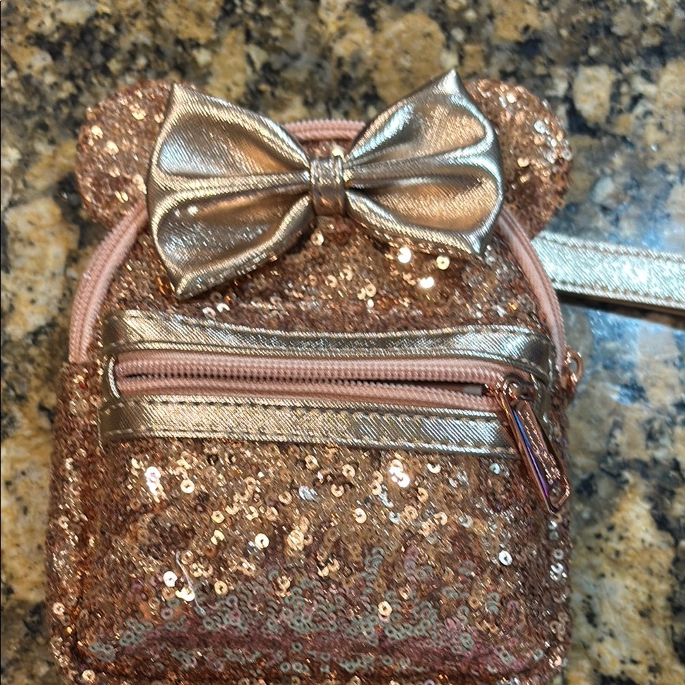 Disney Loungefly Rose Gold/Pink Sequin Mini Backpack Wristlet - Picture 2 of 4